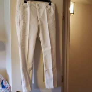 WHBM Blanc White Slim Leg Jeans with Flower and Embellishments Size 8S NWT
